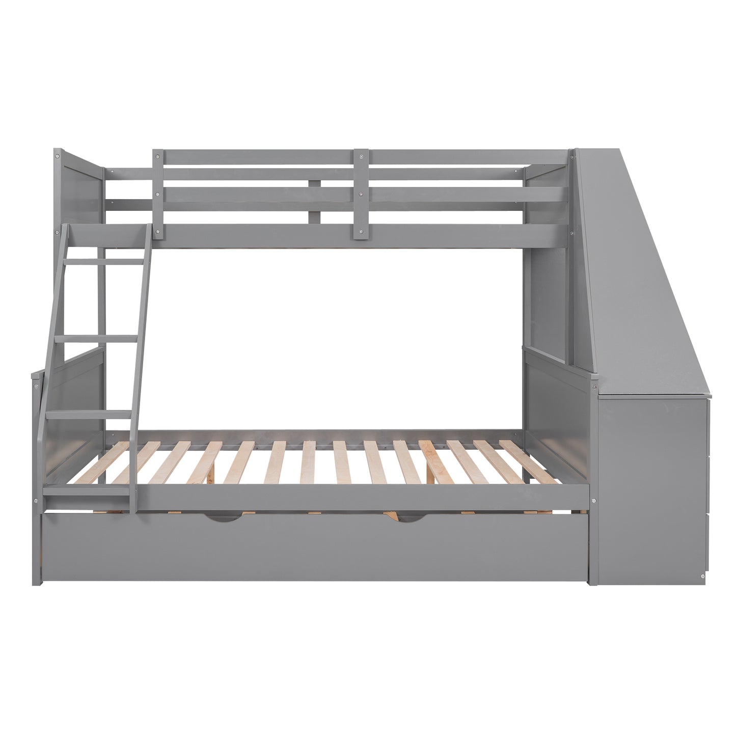 Enhanced Gray Twin over Full Bunk Bed with Trundle, Desk, and Storage