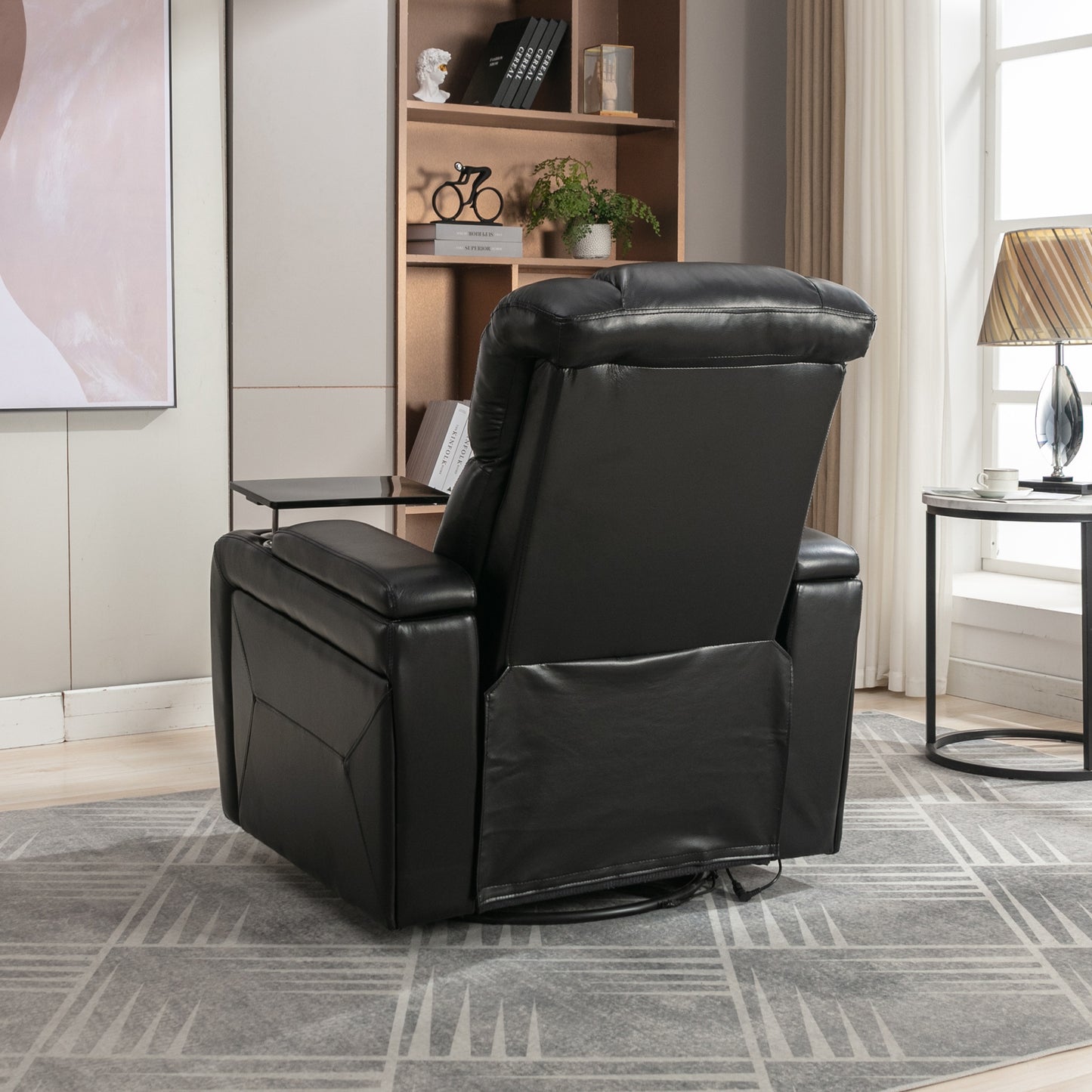 Luxury Black Swivel Recliner Chair with Tray Table, Phone Holder, and USB Port