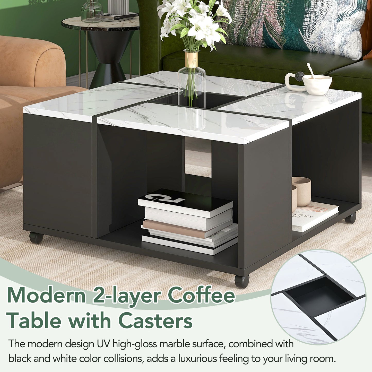 Luxurious Marble Design Coffee Table with Convenient Mobility, Ample Storage, and Modern Appeal