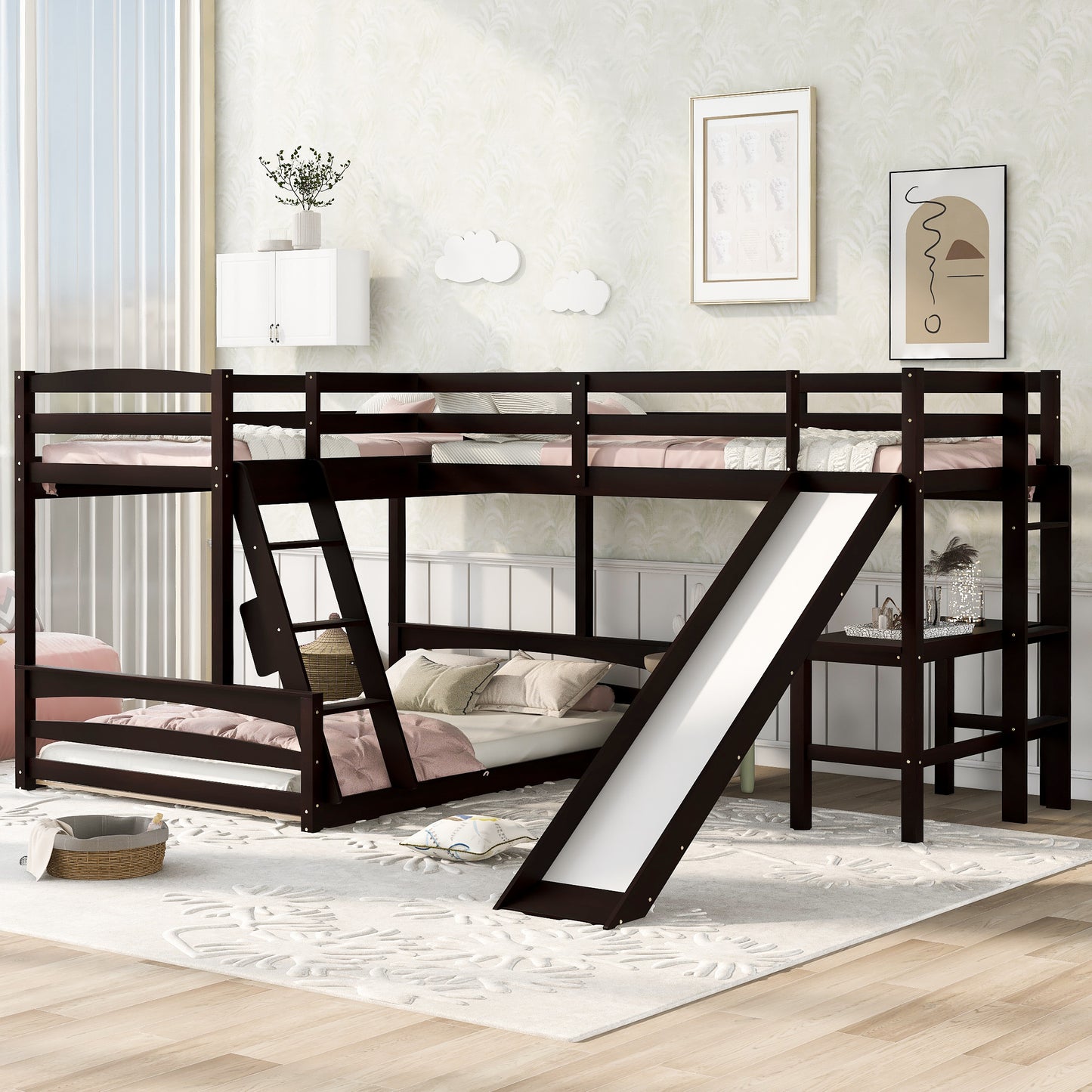 Ultimate Combo Bunk Bed with Loft Bed, Desk, and Slide - Espresso Twin over Full