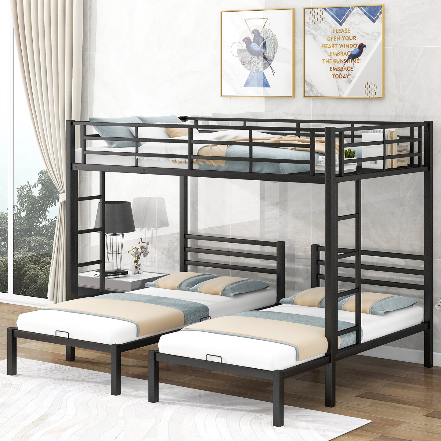 Black Metal Bunk Bed with Built-in Shelf for Twin & Full Size