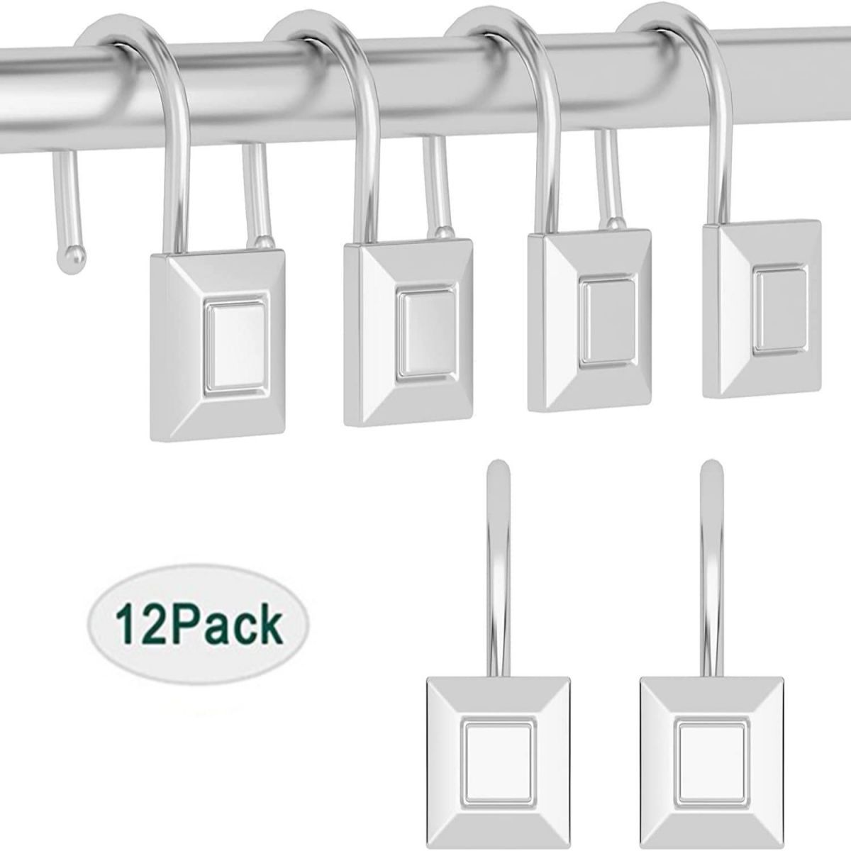 Elegant Set of 12 Silver Zinc Alloy Shower Curtain Hooks