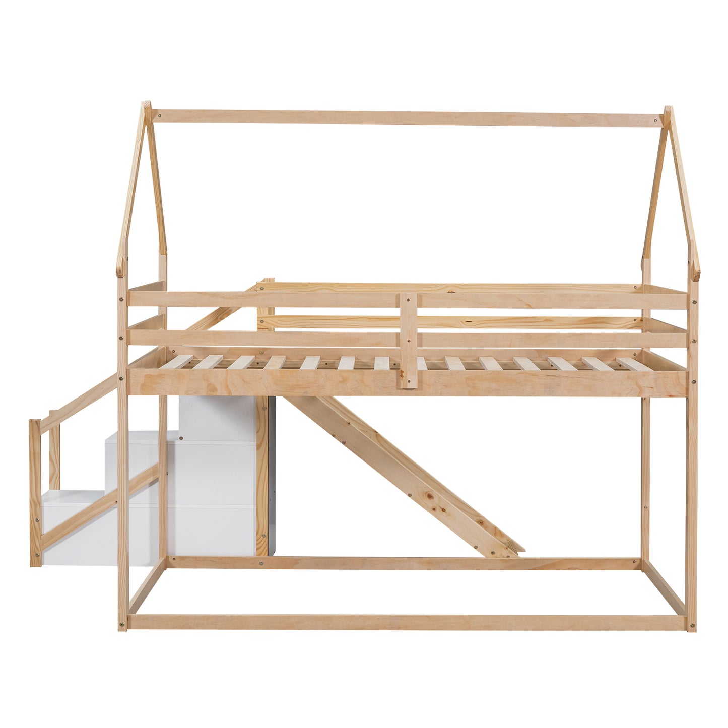 Twin House Loft Bunk Bed with Slide, Staircase, and Storage for Kids, Natural