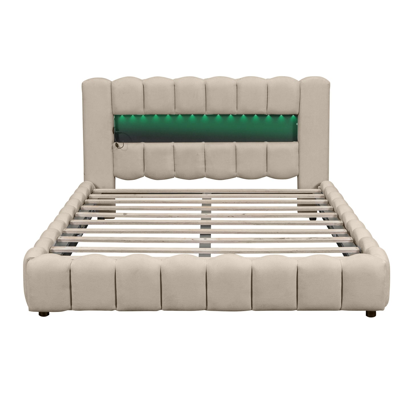 Queen Size Upholstered Platform Bed with LED Headboard and USB, Beige