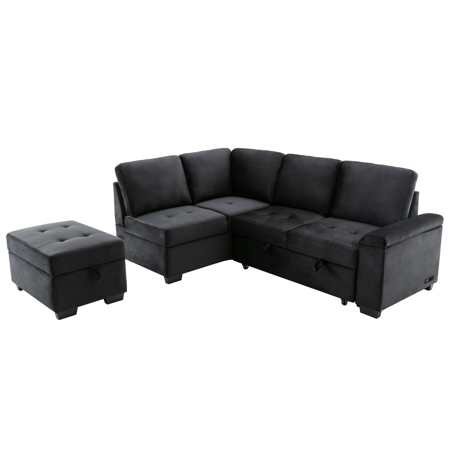 L-Shaped Sleeper Sectional Sofa with Storage Ottoman, USB Charge, and Hidden Arm Storage in Black Velvet