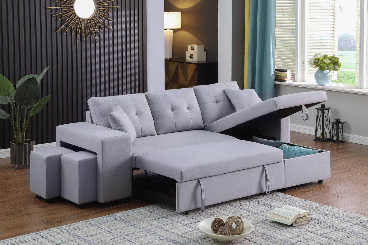 Dennis Light Gray Linen Fabric Reversible Sleeper Sectional with Storage Chaise, Stools, Throw Pillows