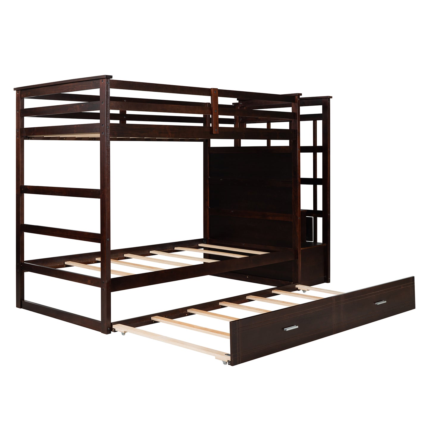 Stylish Espresso Wooden Twin Bunk Bed with Trundle and Staircase