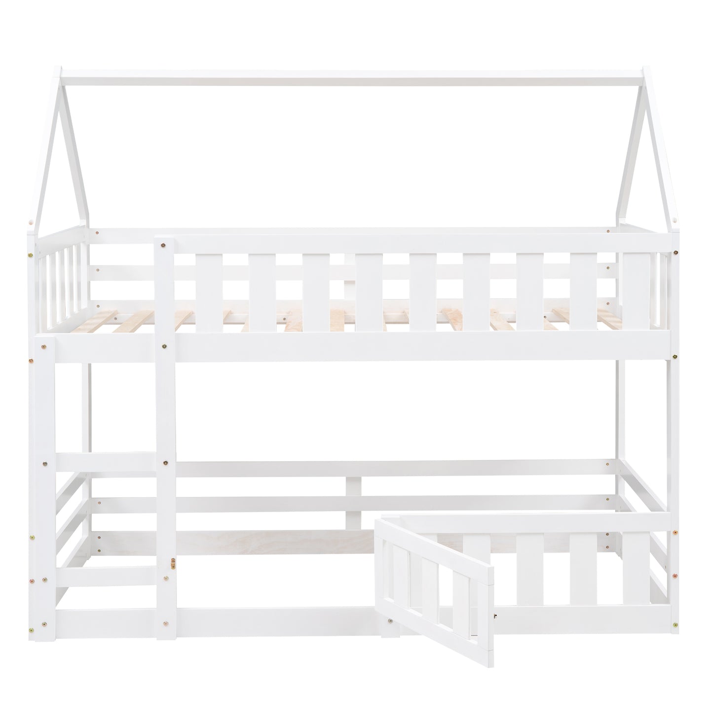 Enchanted White Twin over Twin House Bunk Bed with Playful Fence and Entryway