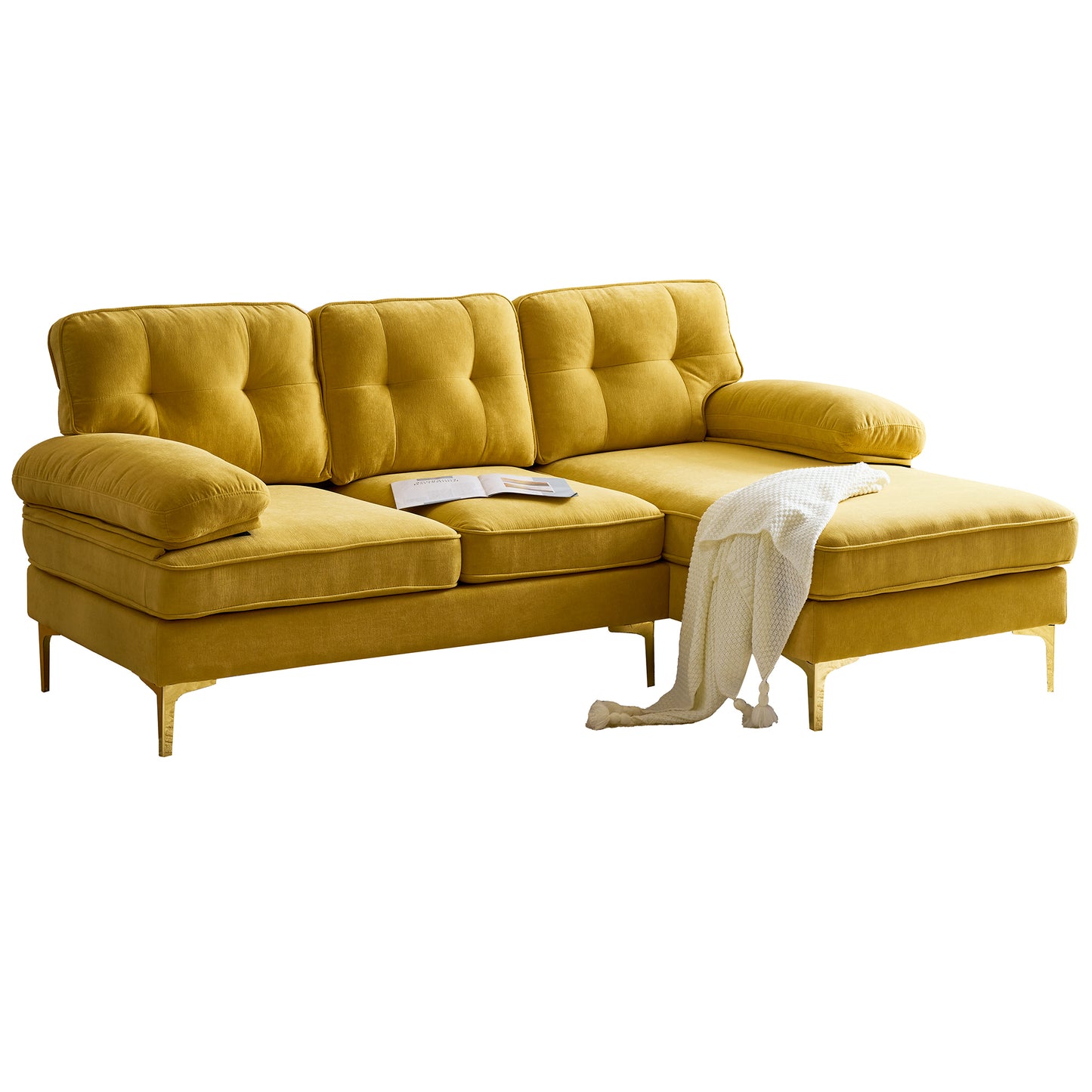 Modern Yellow Velvet L-Shaped Sectional Sofa for Living Room or Bedroom