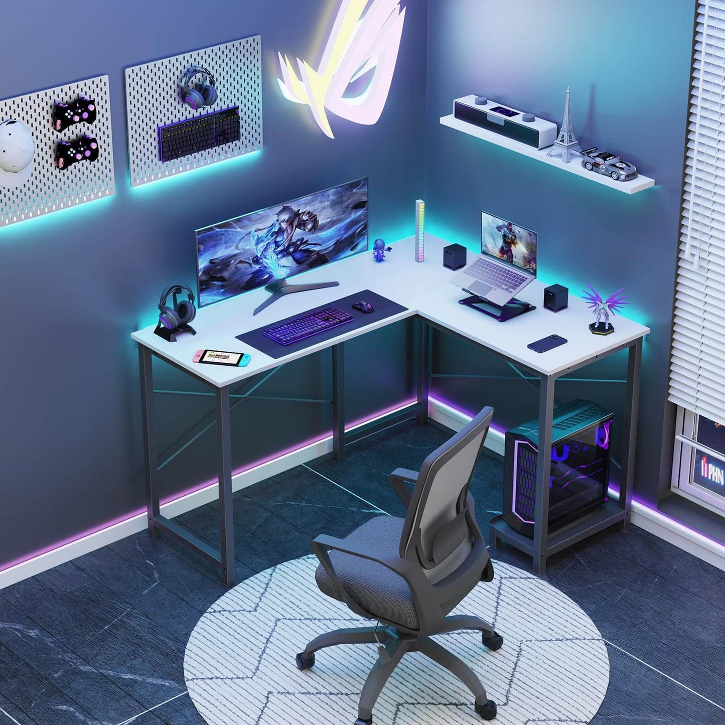 White Corner Gaming and Work Desk with Storage & CPU Tray