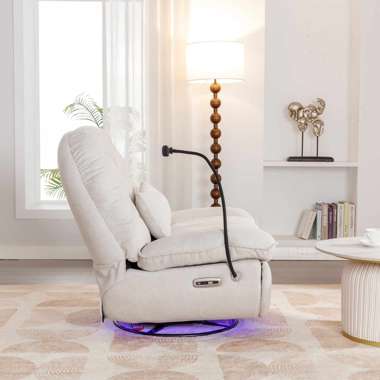 Smart Beige Power Recliner with Swivel, Voice Control, Bluetooth, USB Ports, Atmosphere Lamp, and Mobile Phone Holder