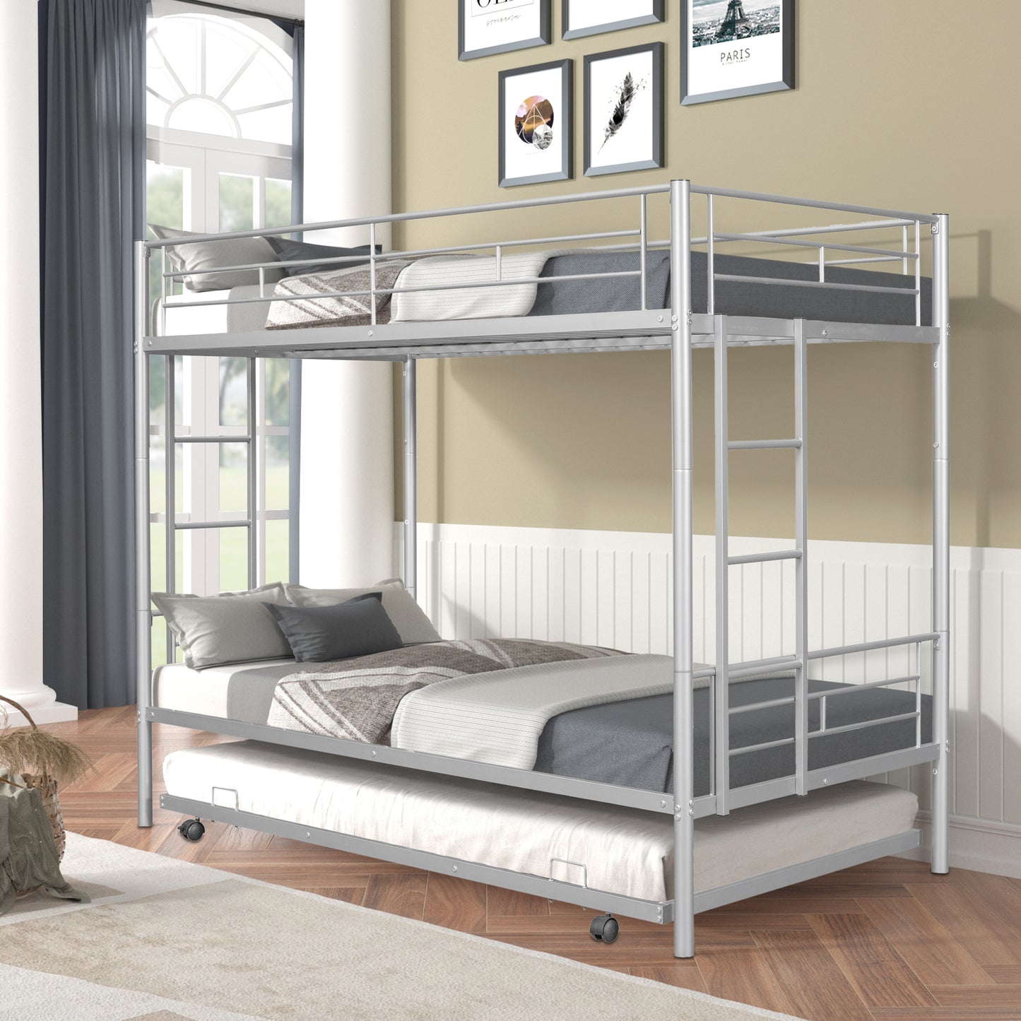 Metal Twin Bunk Bed with Trundle and Safety Features for Versatile Use