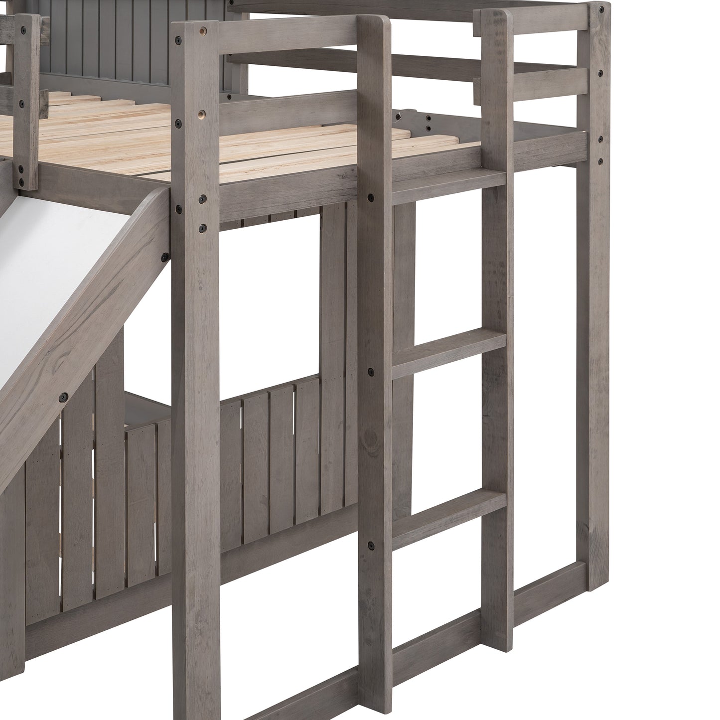 Playhouse Twin Over Full Bunk Bed with Ladder, Slide, and Guardrails in Farmhouse Style