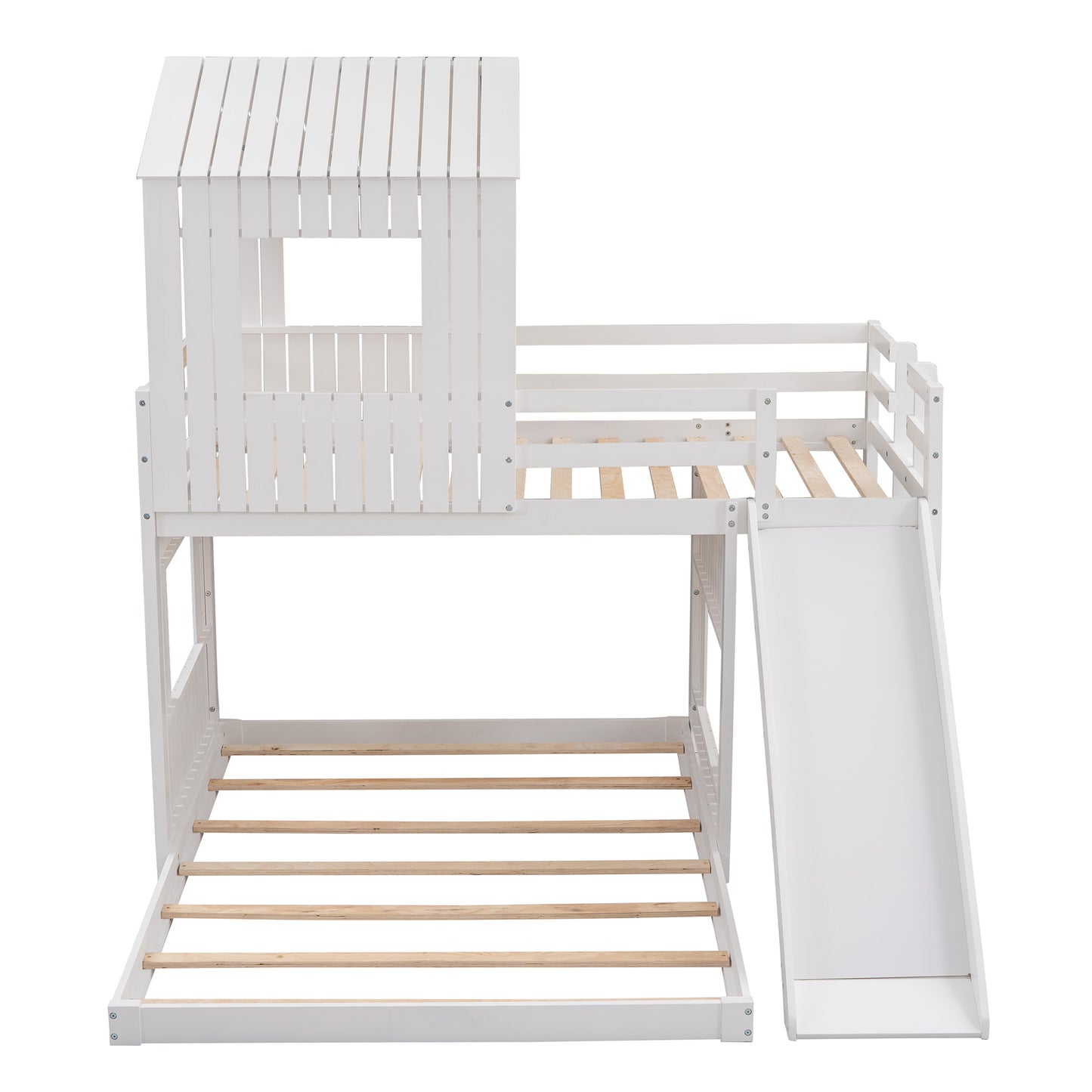 White Wooden Bunk Bed with Playhouse and Slide - Farmhouse Style