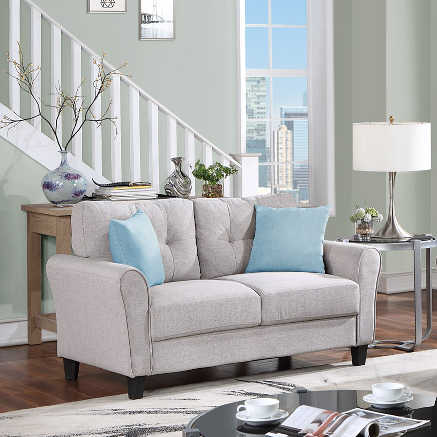 57.5-Inch Light Grey Modern Loveseat with Linen Upholstery