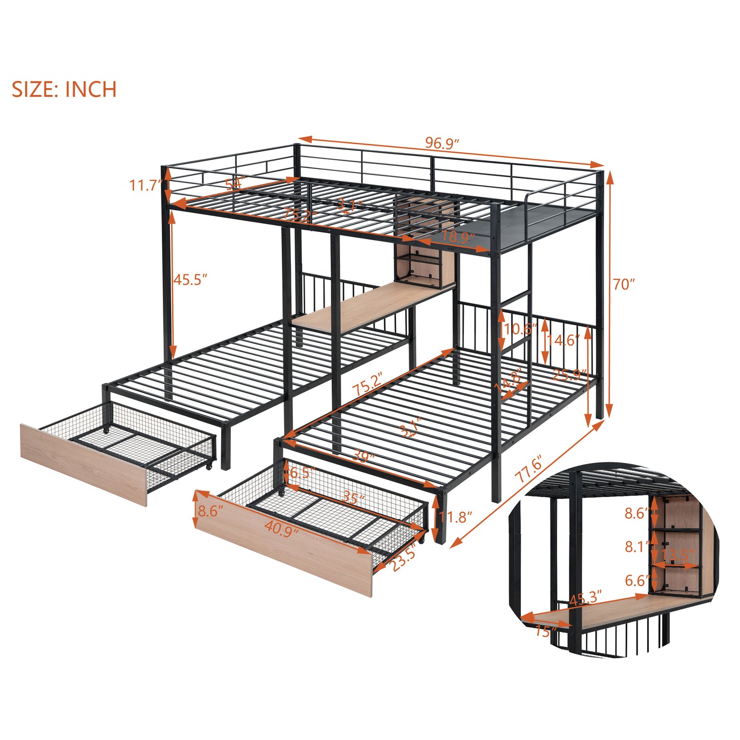 Full Over Twin & Twin Bunk Bed with Desks, Shelves, and Drawers in Black Metal Frame