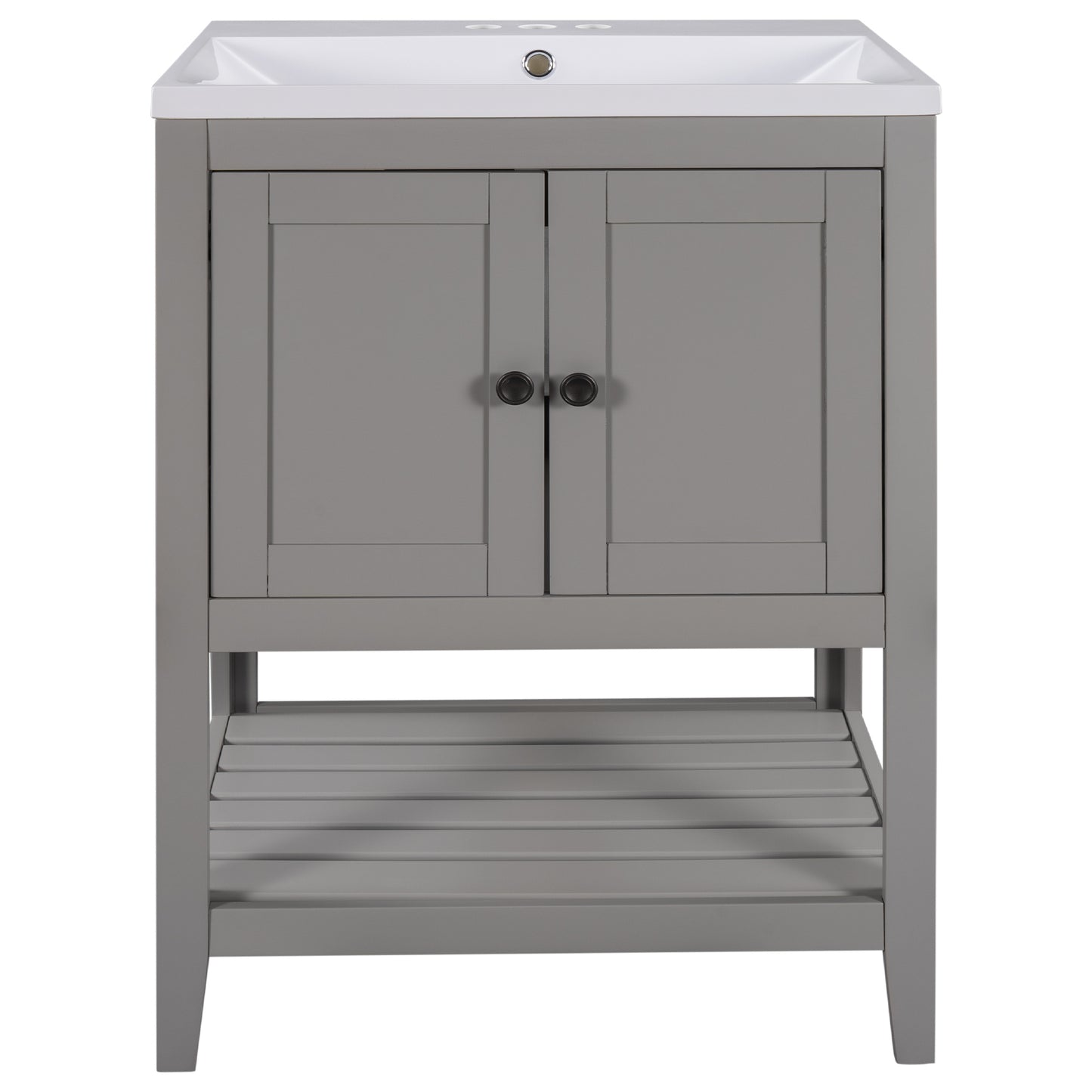 24" Grey Modern Sleek Bathroom Vanity Elegant Ceramic Sink with Solid Wood Frame Open Style Shelf