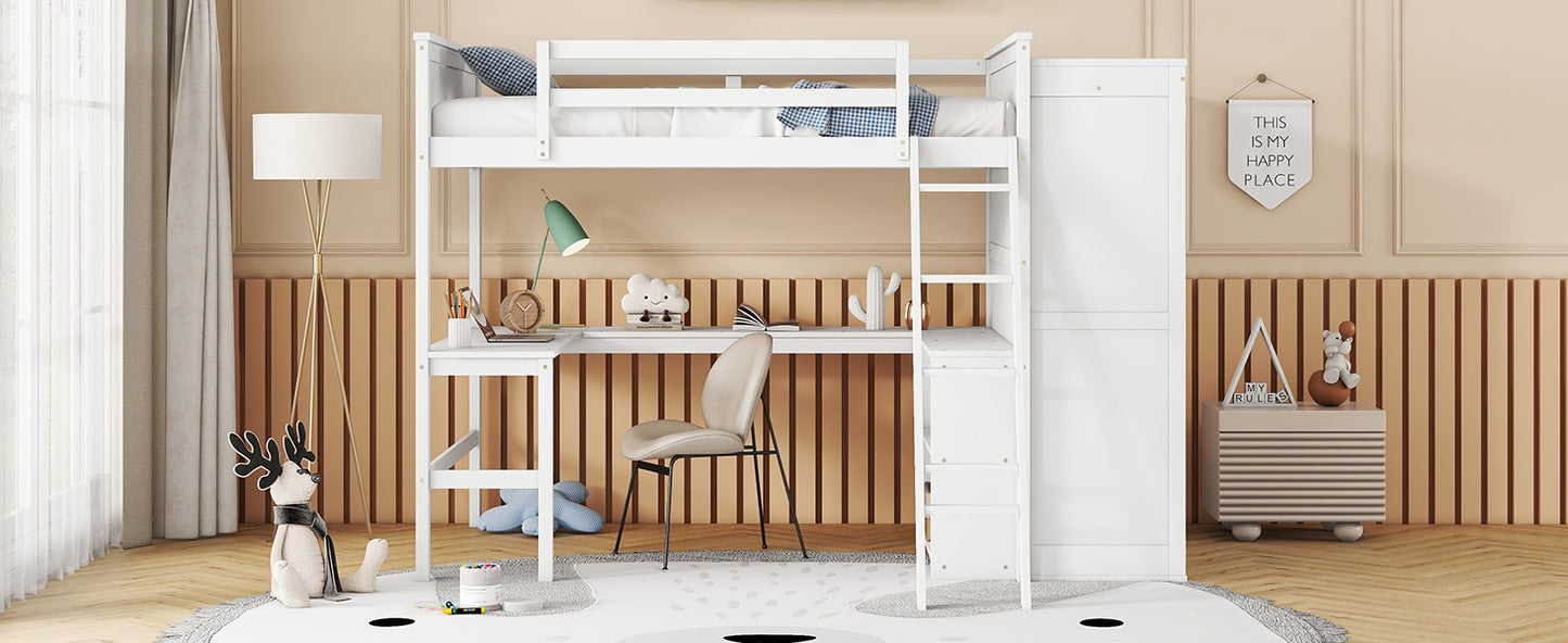 Full size Loft Bed with Desk, Shelves and Wardrobe-White