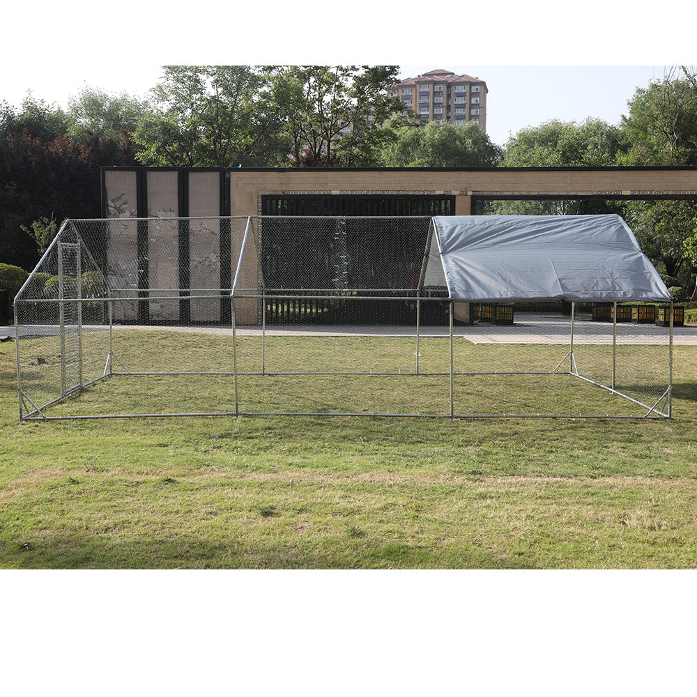 Large Metal Chicken Coop Walk-in Poultry Cage Hen Run House Rabbits Habitat Cage Spire Shaped Coop with Waterproof and Anti-Ultraviolet Cover (9.8' L x 19.7' W x 6.4' H)