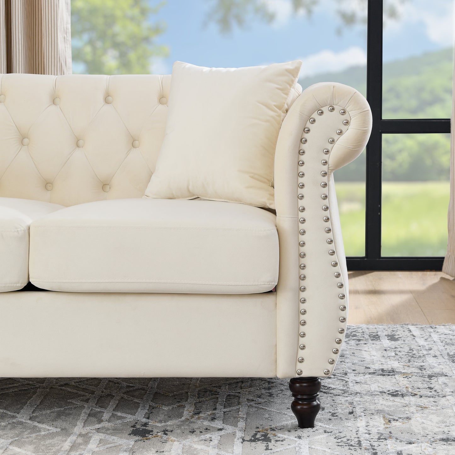 Chesterfield Sofa Beige Velvet 2 Seater with Rolled Arms and Nailhead Trim