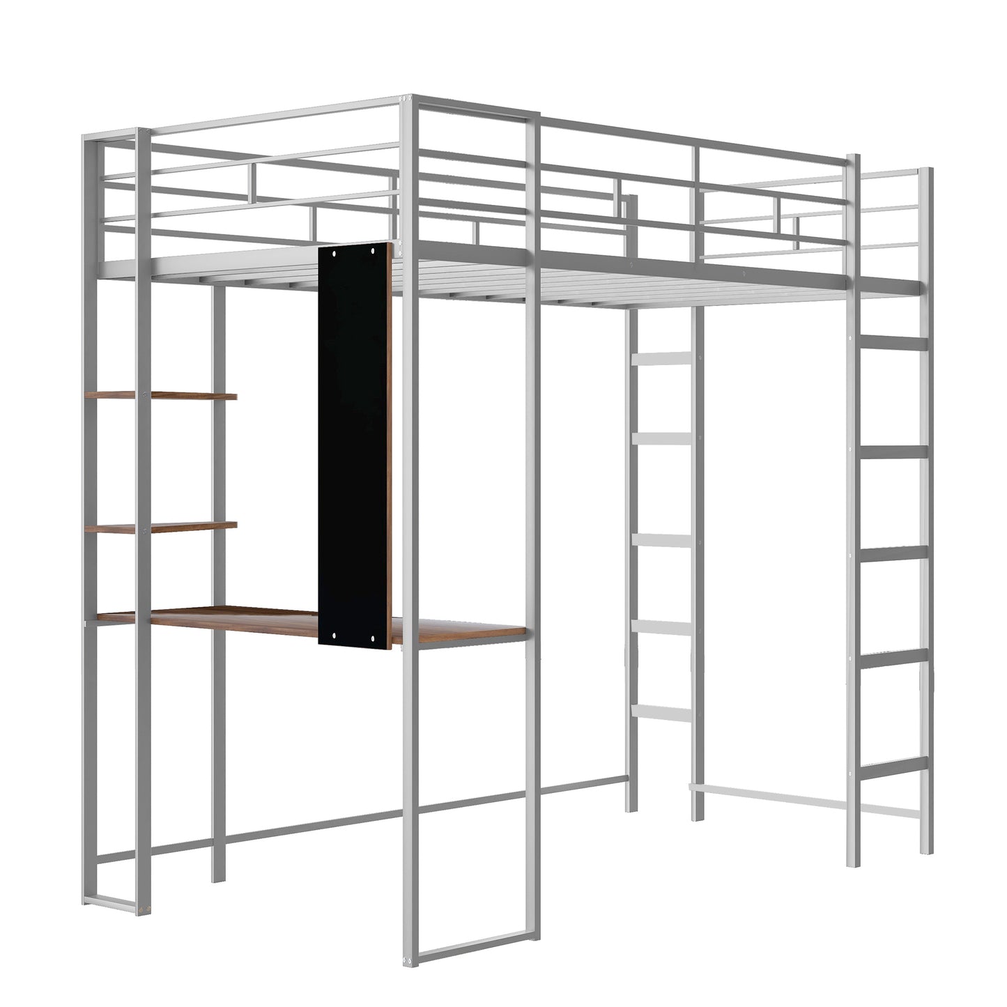 Twin Metal Loft Bed with 2 Shelves and one Desk ,Silver(: MF281206AAN)