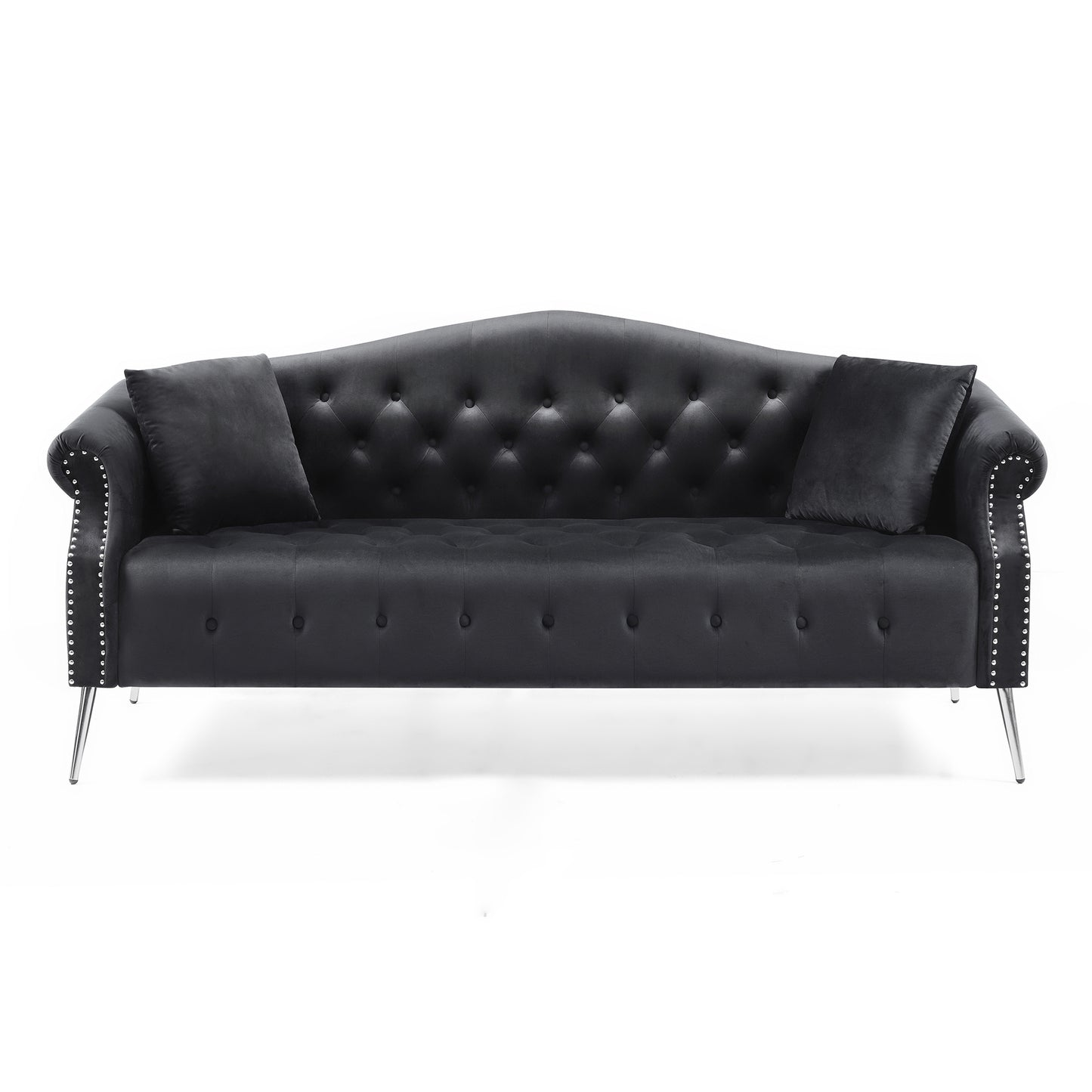 Classic Black Velvet Chesterfield Sofa Set with Rolled Arms and Silver Metal Legs