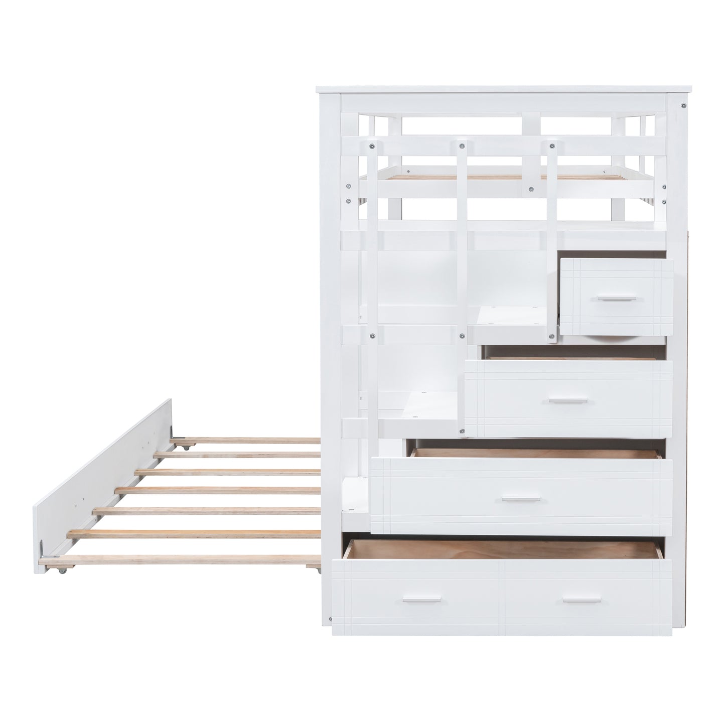 White Twin Over Twin Bunk Bed with Trundle, Staircase, and Storage Drawers