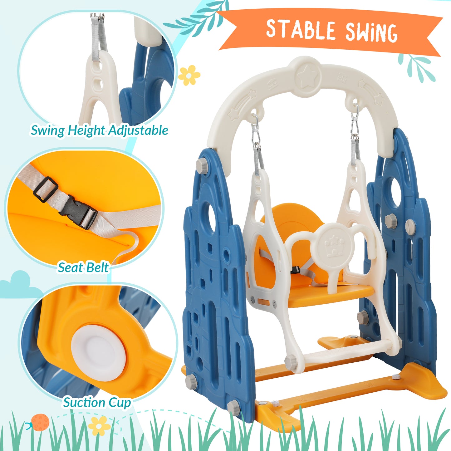 4-in-1 Toddler Playground Climber, Slide, Swing Set with Basketball Hoop