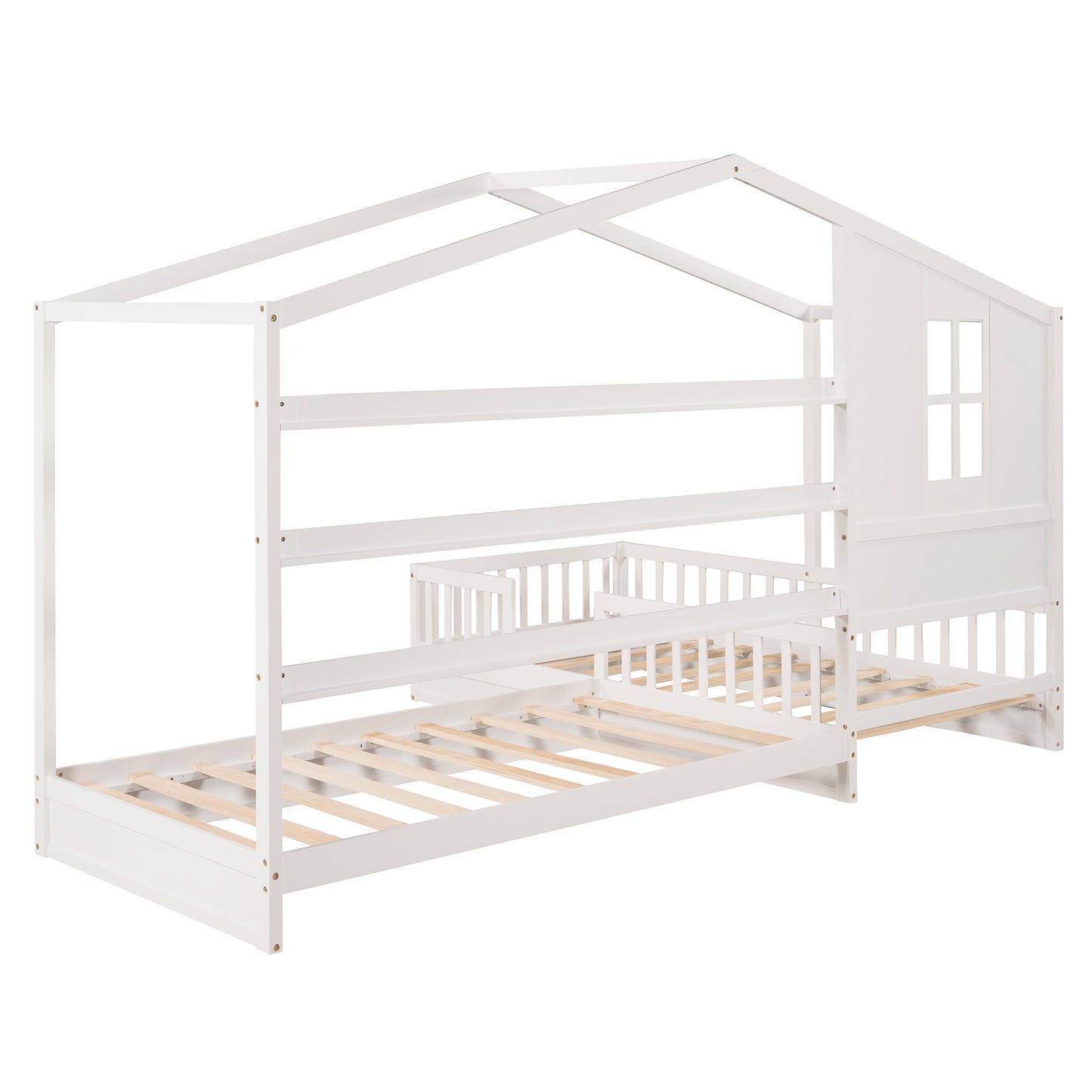 Wood House Bed Twin Size, 2 Twin Solid Bed L structure with fence and slatted frame （White)