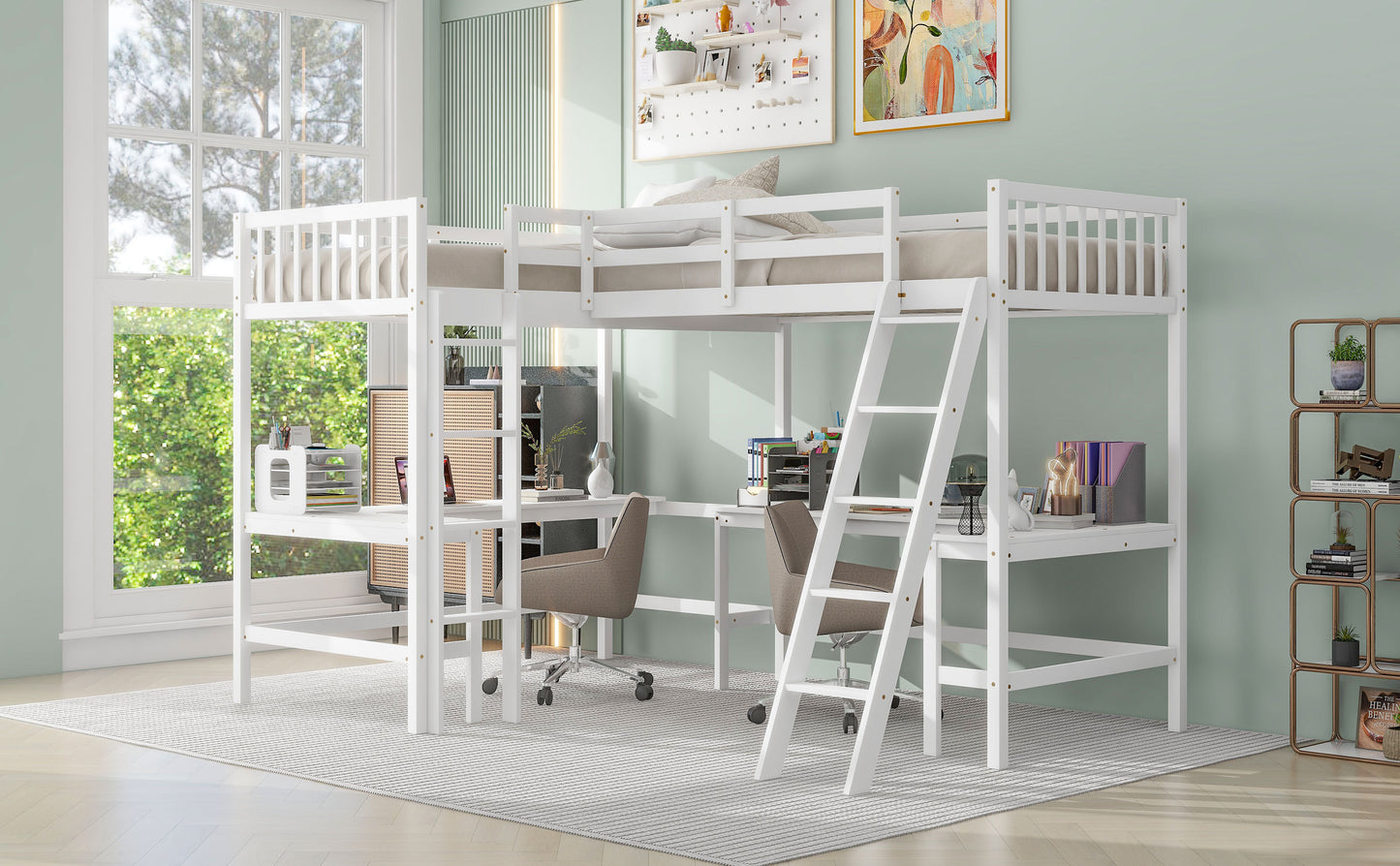 Wood Twin Size L-Shaped Loft Bed with Ladder and 2 Built-in L-Shaped Desks, White