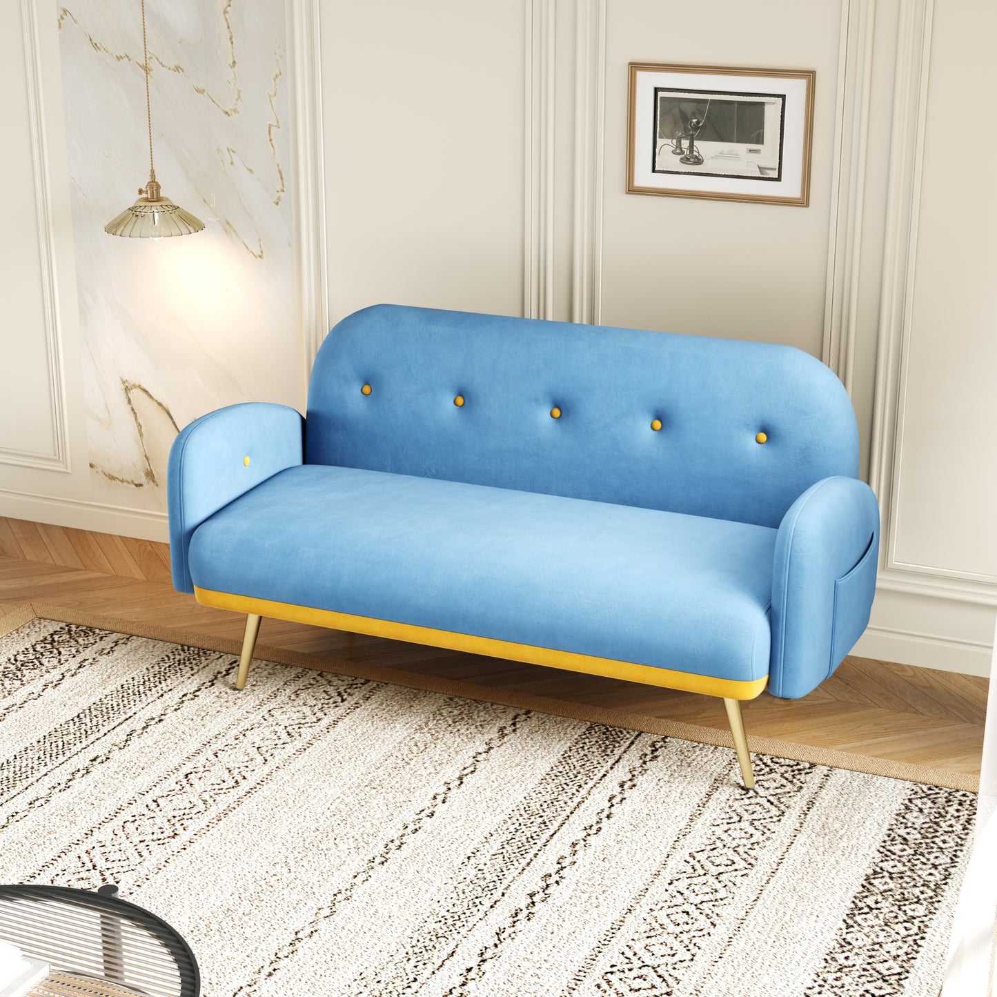 Blue Velvet Space-Saving Sofa with Throw Pillows - 58 Compact Design