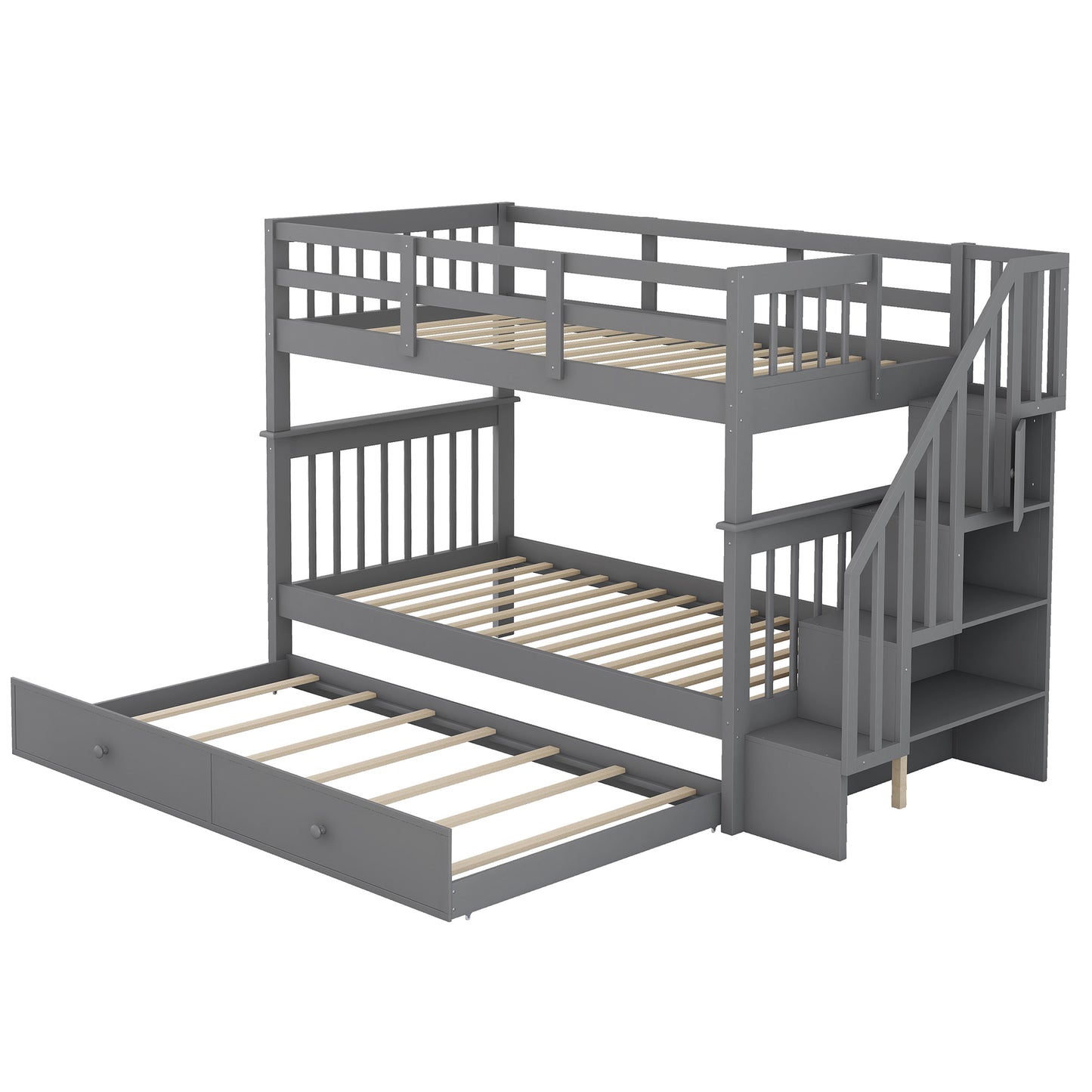 Stairway Twin Bunk Bed with Trundle and Storage in Gray Wood for Bedroom, Dorm or Adults