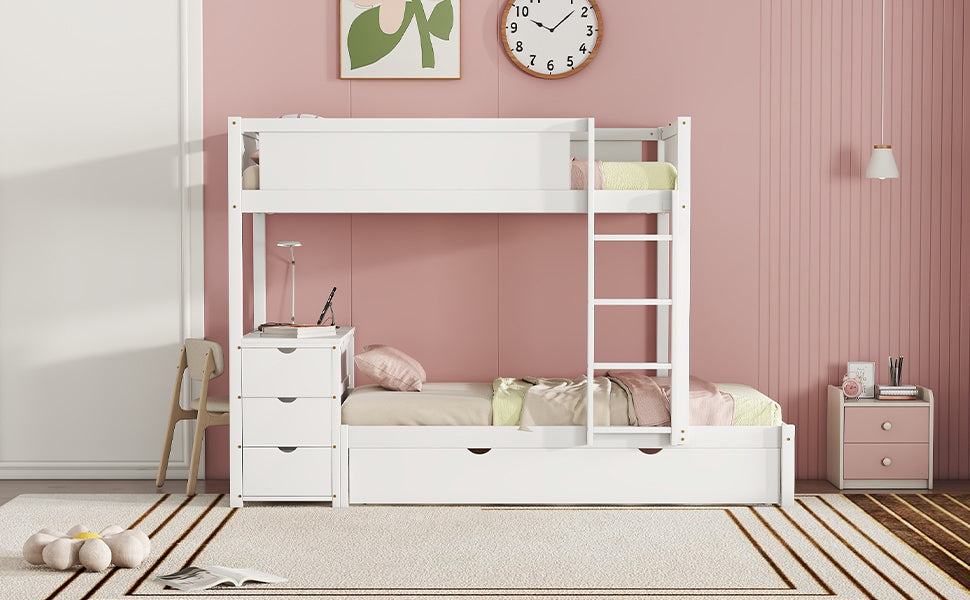 Twin Loft Bed with Trundle, Storage, Desk, and USB Outlets, White