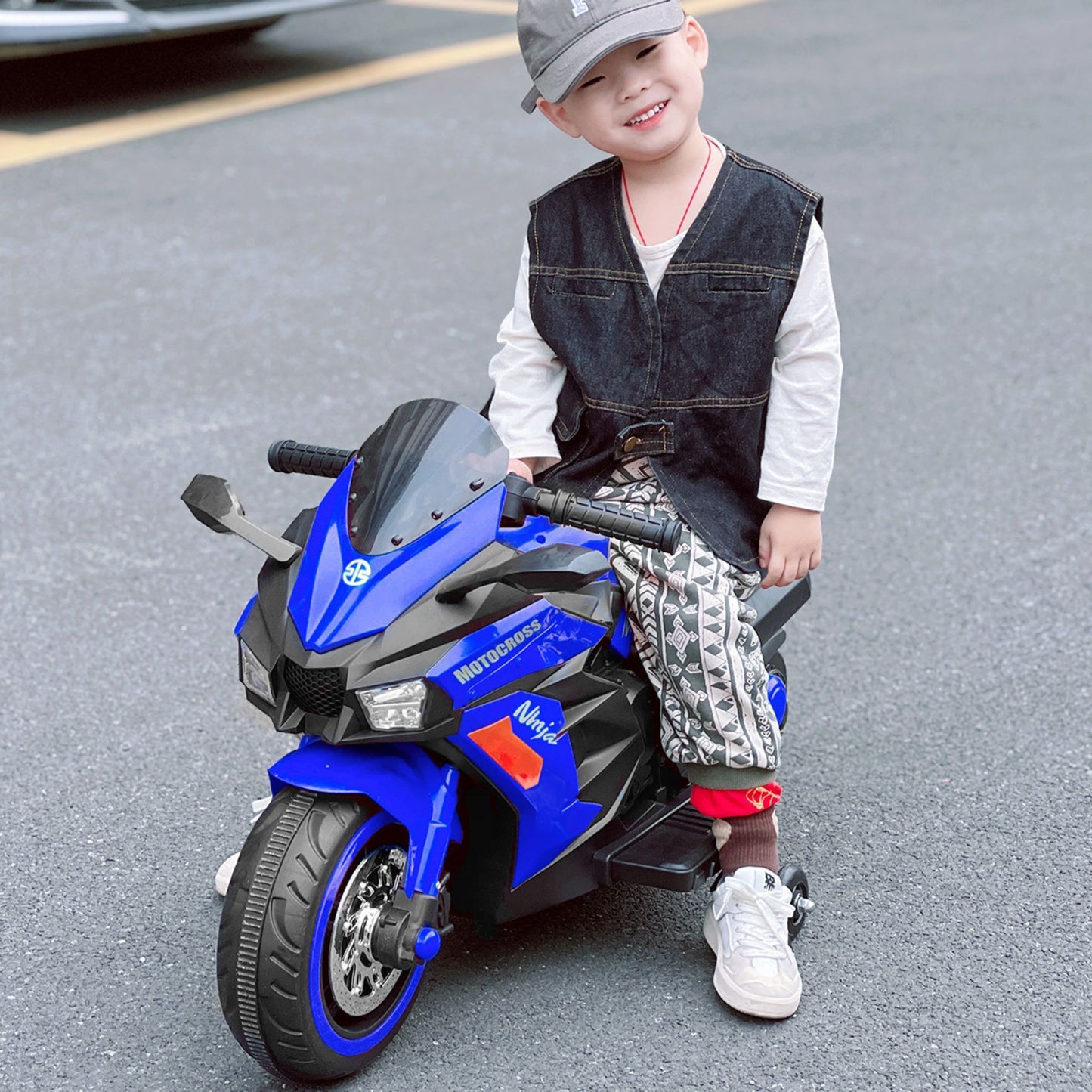 12V Blue Kids Rechargeable Electric Motorcycle with Training Wheels