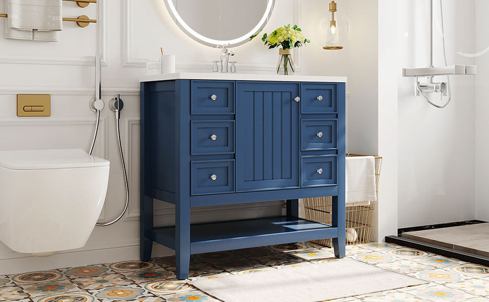 36" Bathroom Vanity with Sink Combo, One Cabinet and Three Drawers, Solid Wood and MDF Board, Blue