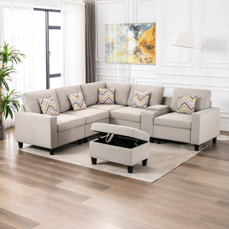 Nolan Beige Linen 7-Piece Sectional Sofa with Interchangeable Legs, Storage Ottoman, USB Charging Ports, and Cupholders