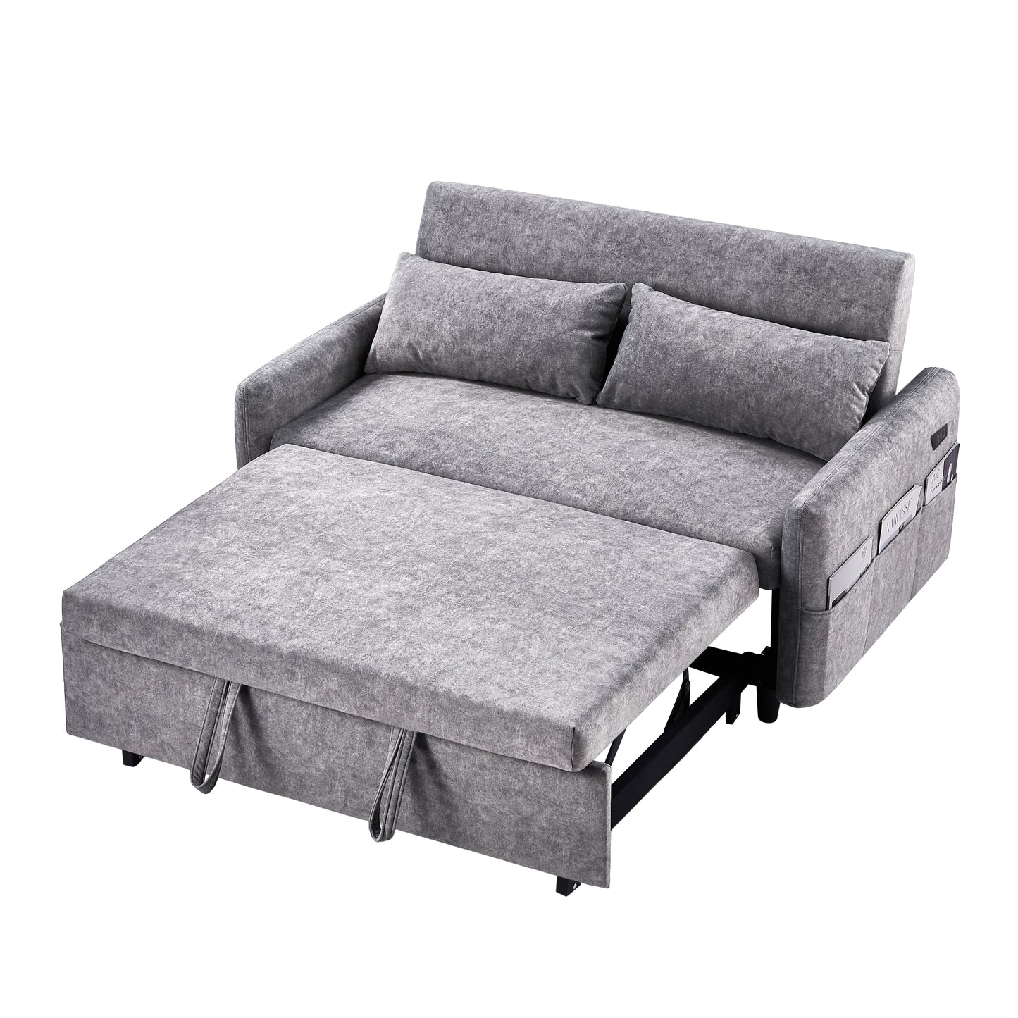 Adjustable Grey Loveseat Sofa Bed with USB Ports and Storage Pockets