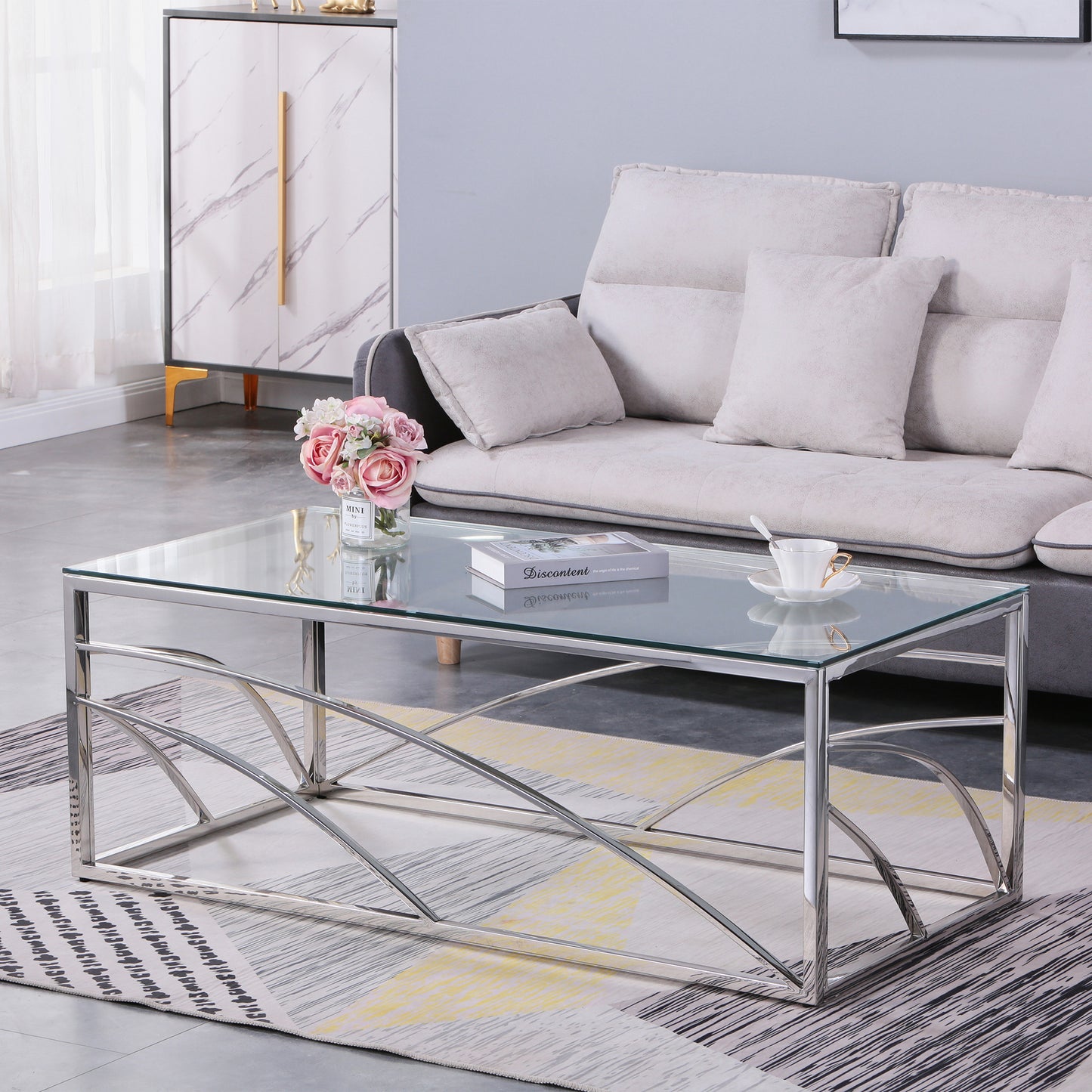 Modern Silver Stainless Steel Glass Coffee Table for Living Room