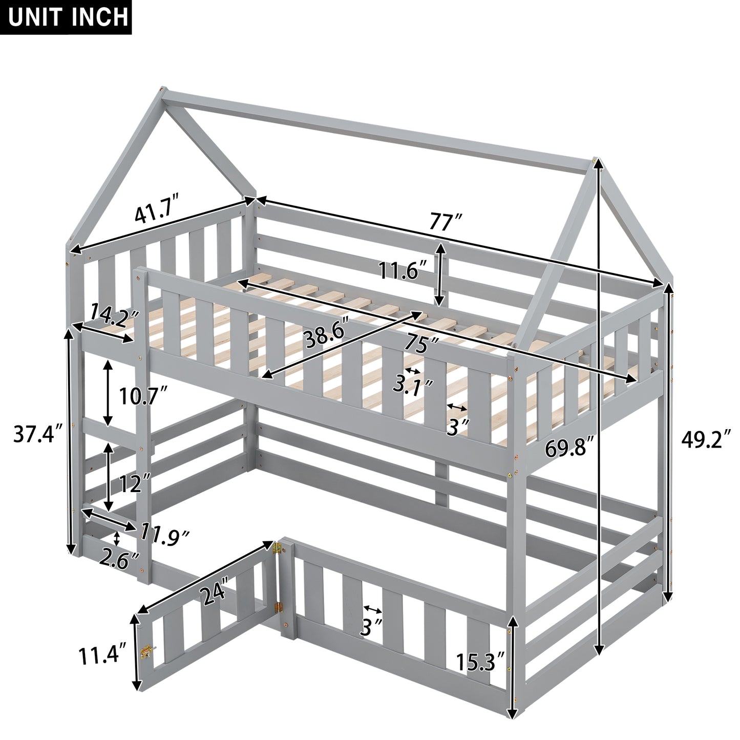 Twin House Bunk Bed with Gray Fence and Door