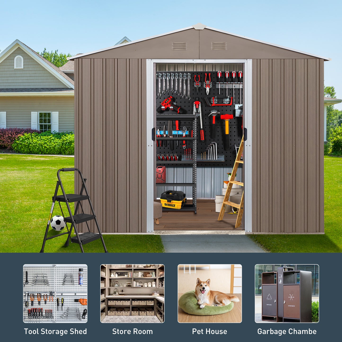 10ft x 8ft Outdoor Metal Storage Shed with Metal Floor Base,with Window,Grey