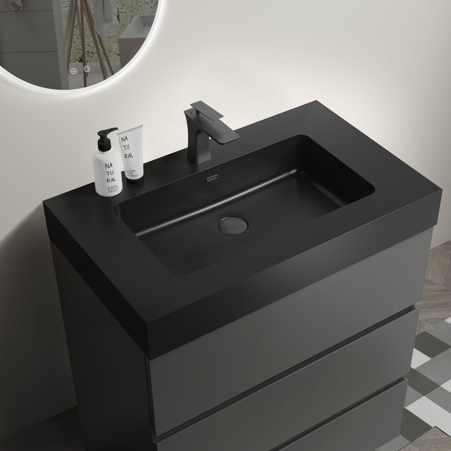 Alice 30" Gray Bathroom Vanity with Sink, Large Storage Freestanding Bathroom Vanity for Modern Bathroom, One-Piece Black Sink Basin without Drain and Faucet