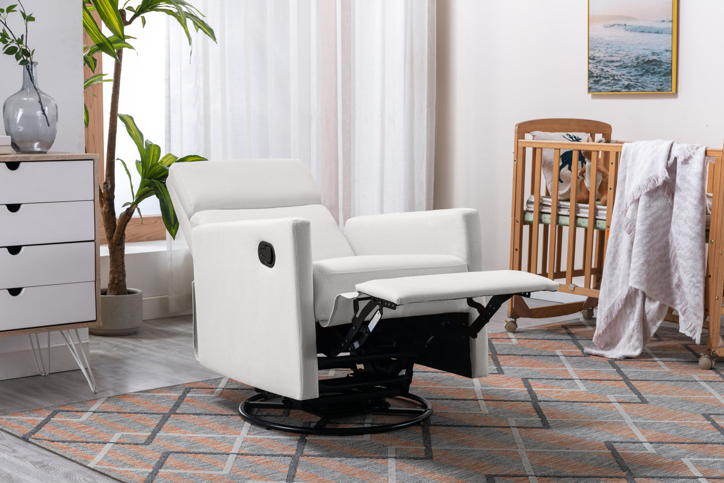 Swivel Reclining Nursery Chair with Modern Beige Upholstery