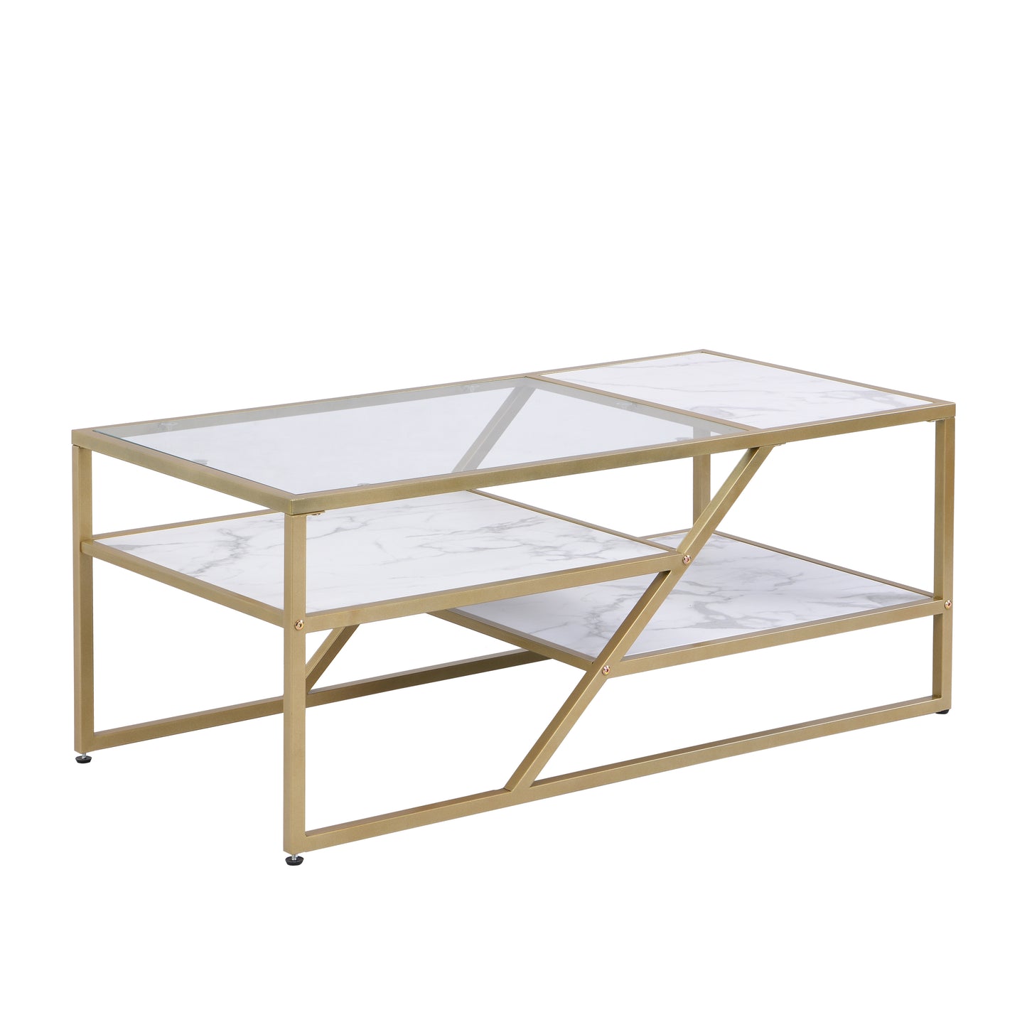 Golden Glass and Metal Coffee Table with Storage Shelf for Living Room or Bedroom