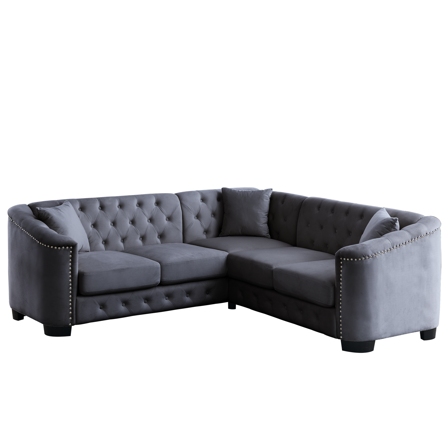 82-Inch Modern Grey Velvet L-Shaped Sectional Sofa with Nailhead Trim and 3 Cushions