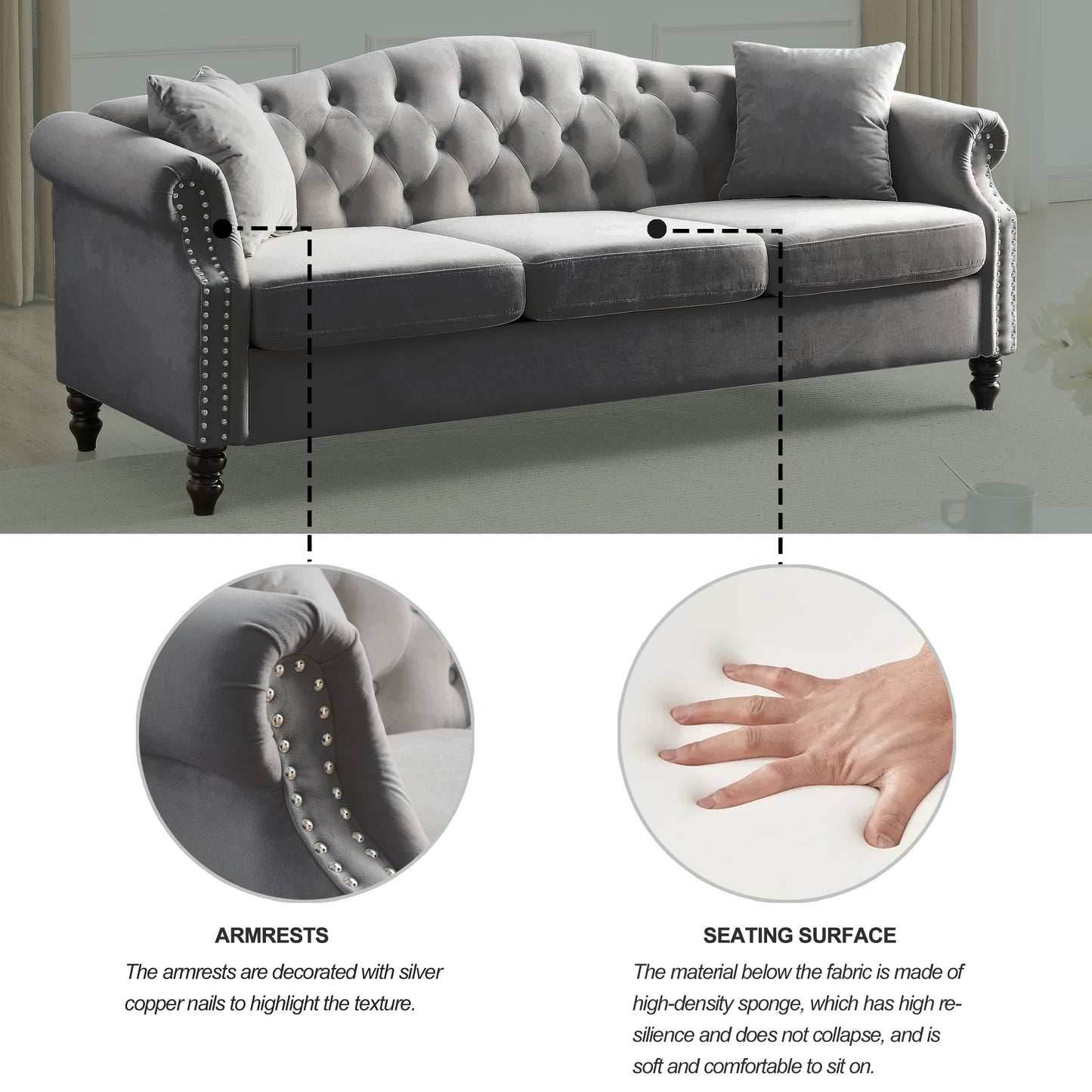 [Video] 79" Chesterfield Sofa Grey Velvet for Living Room, 3 Seater Sofa Tufted Couch with Rolled Arms and Nailhead for Living Room, Bedroom, Office, Apartment, two pillows