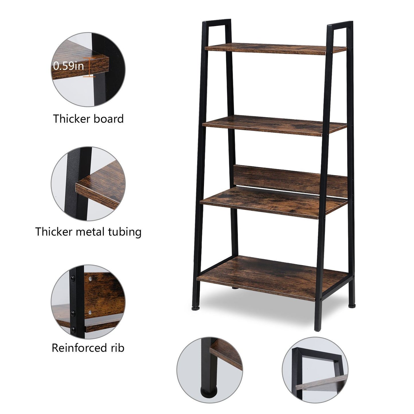 4-Tier Ladder Bookshelf Organizer, Rustic Brown Ladder Shelf for Home & Office, Wood Board & Metal Frame