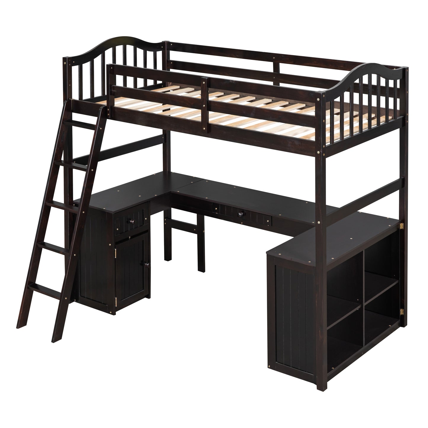 Twin size Loft Bed with Drawers, Cabinet, Shelves and Desk, Wooden Loft Bed with Desk - Espresso( :LT000505AAP)