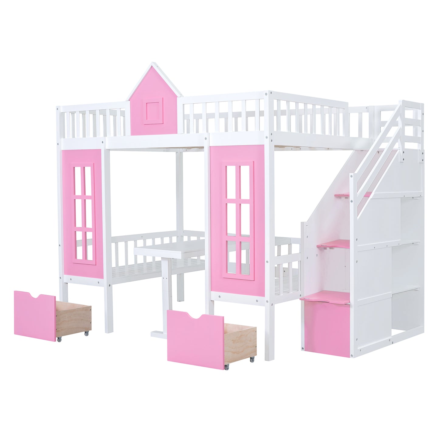 Pink Full-Over-Full Bunk Bed with Multi-Functional Table