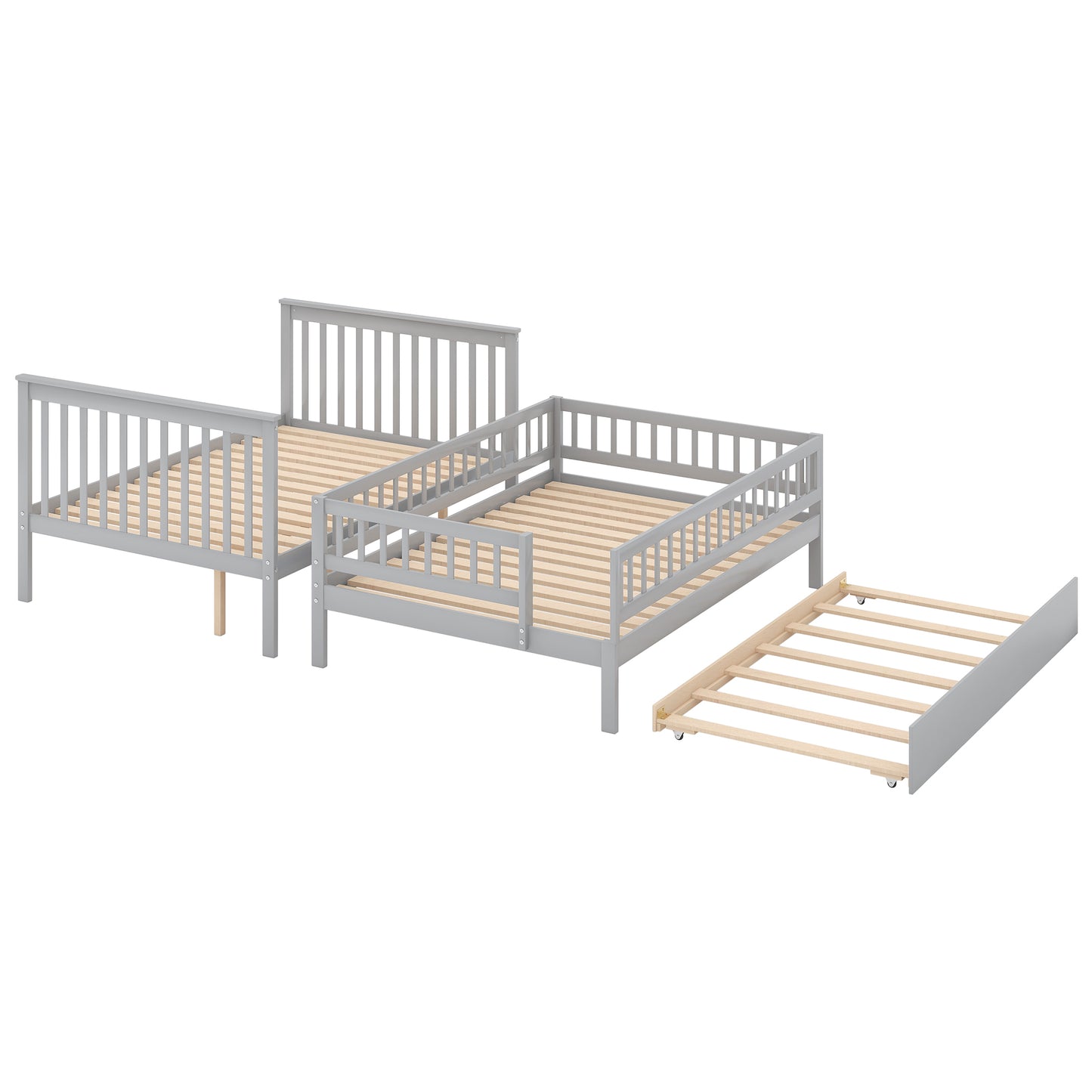 Gray Triple Sleeper Bunk Bed with Trundle and Staircase