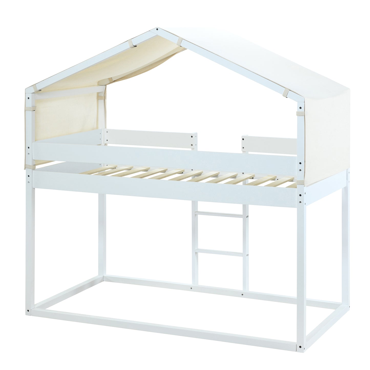 White House-Shaped Twin Over Twin Bunk Bed with Playhouse Tent